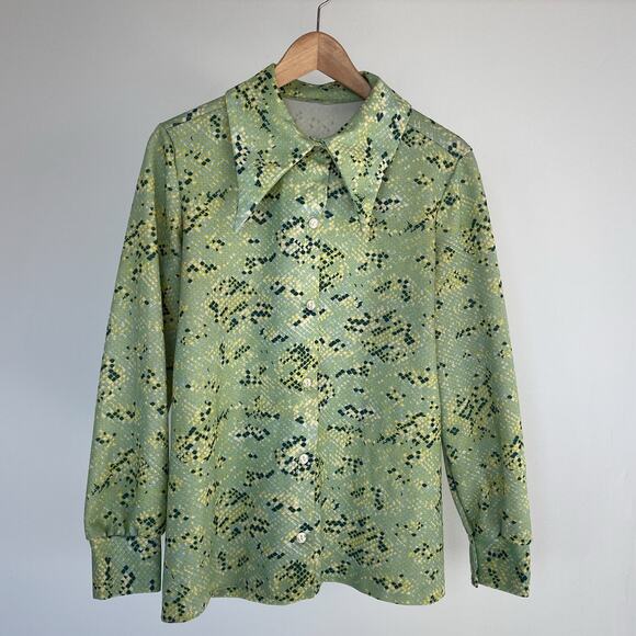 Vintage 70s Dagger Collar Green Snakeskin Disco Shirt / Sz L/XL / Retro Handmade - Picture 1 of 9